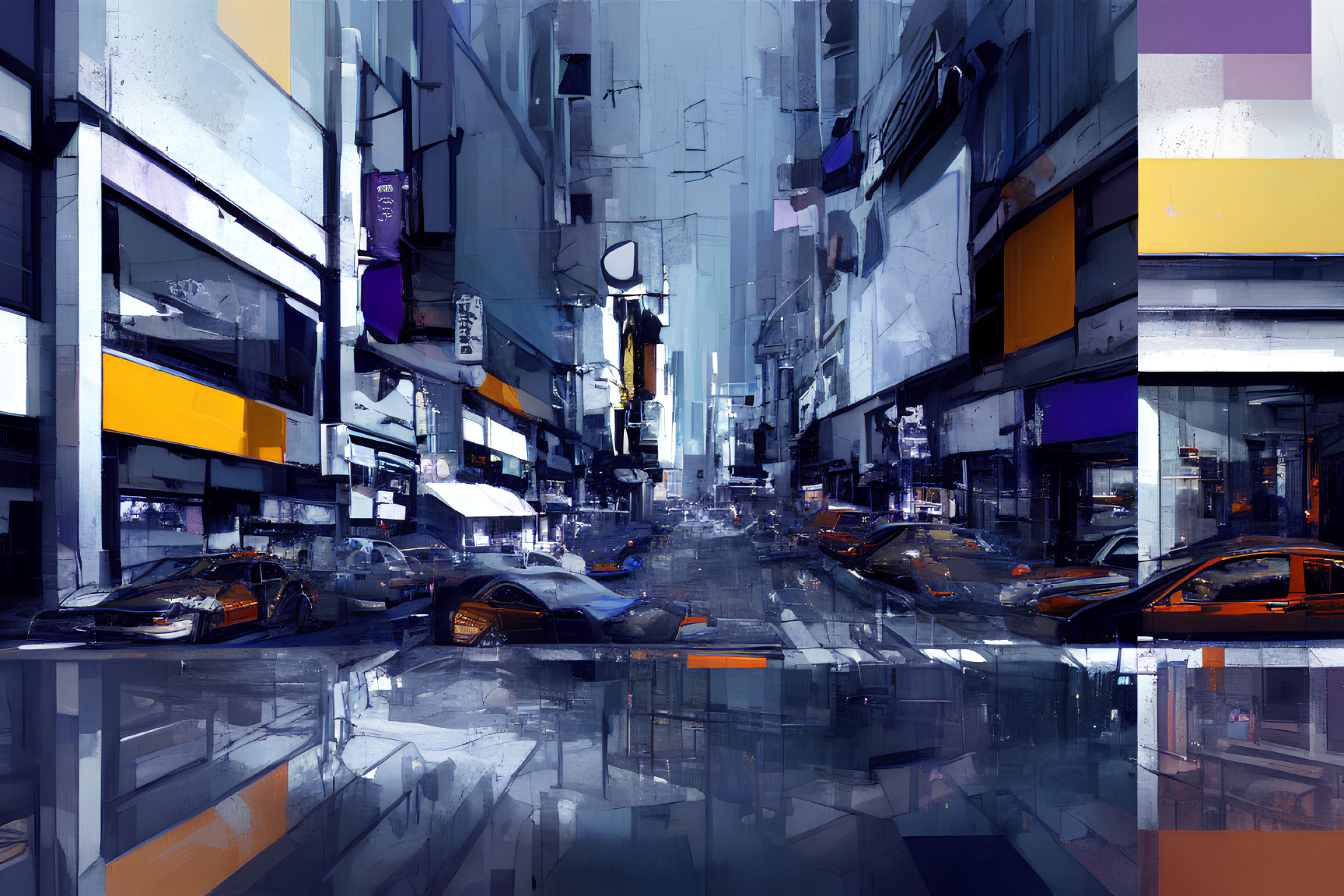 Colorful Futuristic City Street with Reflective Surfaces and Sleek Vehicles
