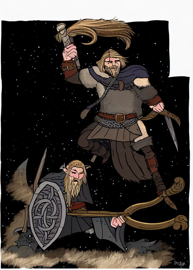 Illustration of two Viking warriors under starry sky