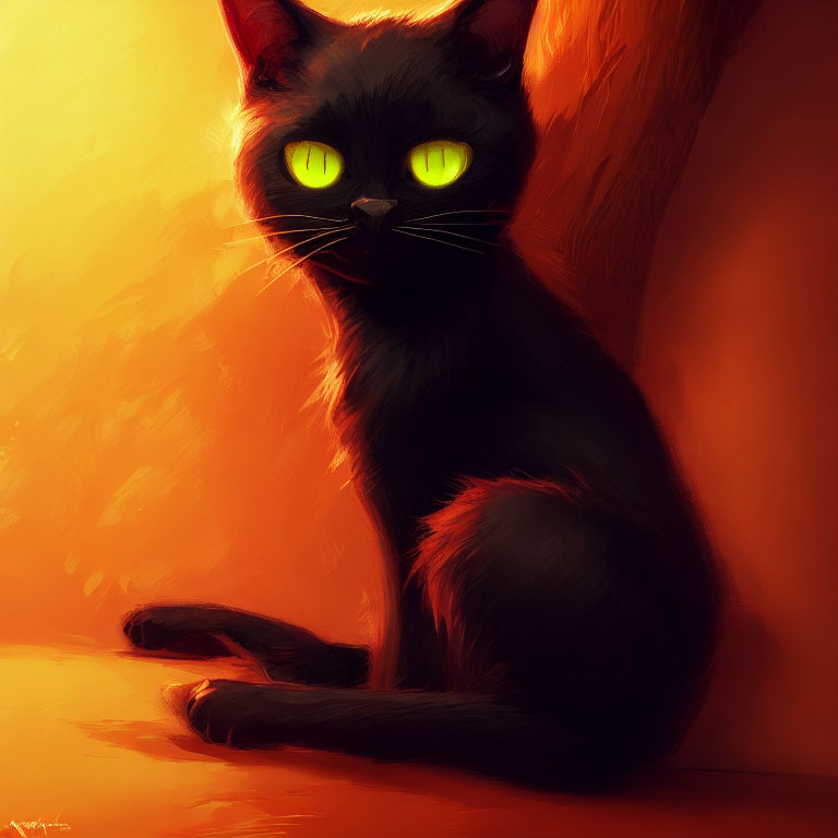 Striking green-eyed black cat in warm orange light