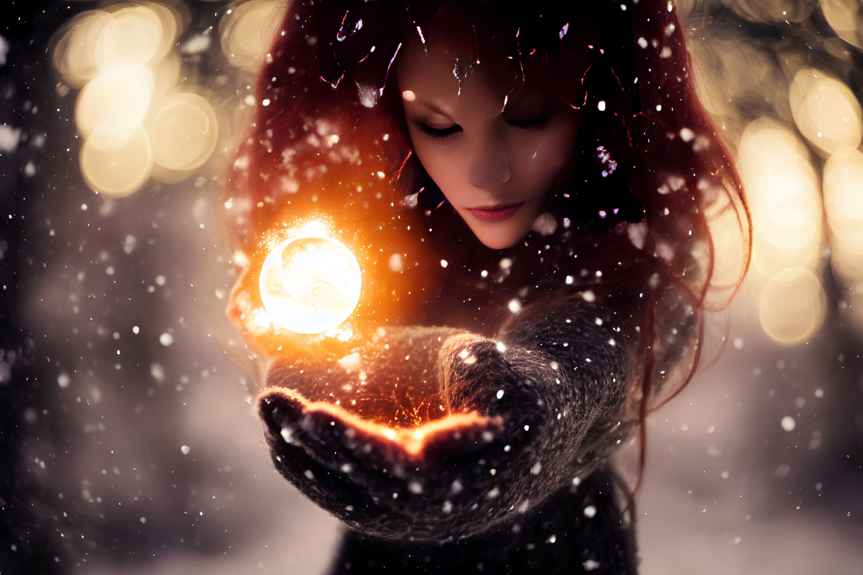 Enchanted person holding glowing light in snowy scene