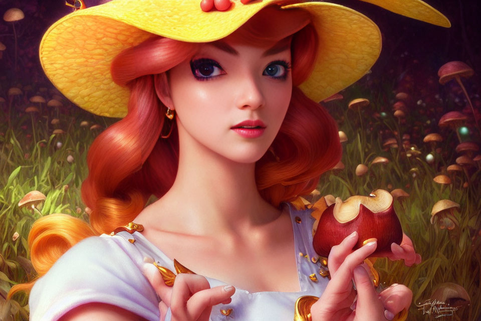 Red-haired woman in yellow hat with berry holding bitten apple in mushroom field
