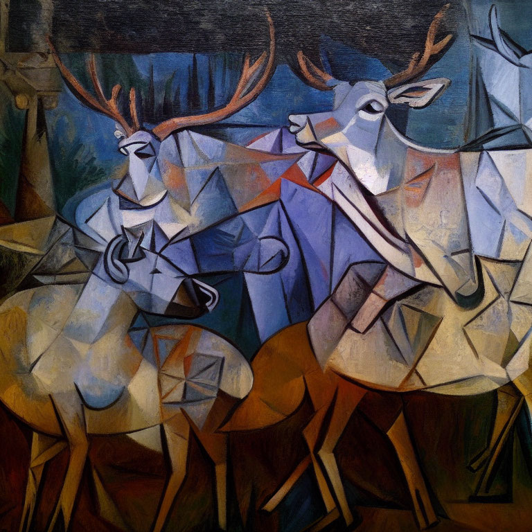 Cubist-style painting of stylized deer in earthy and blue tones