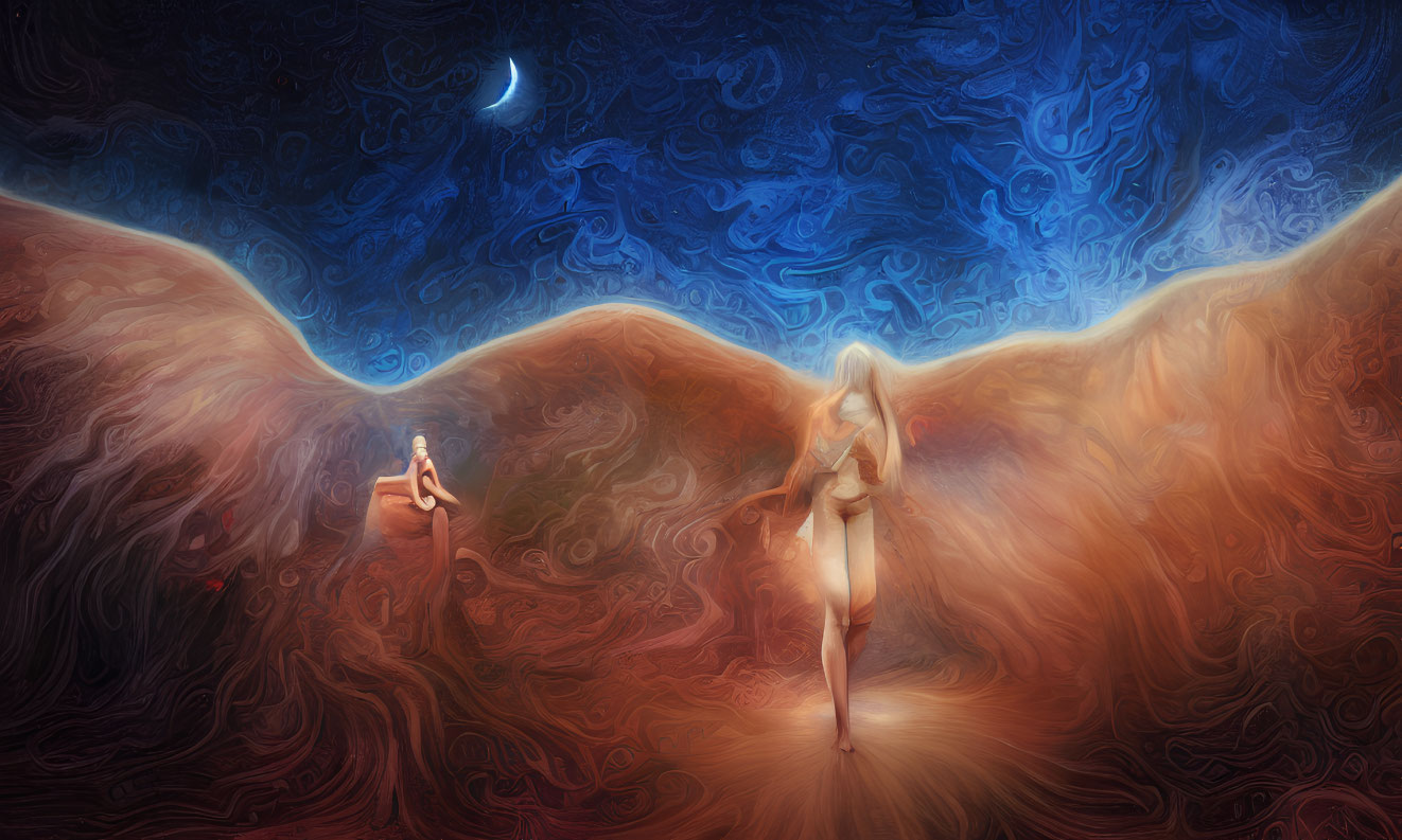 Digital artwork: Two human figures in surreal moonlit landscape