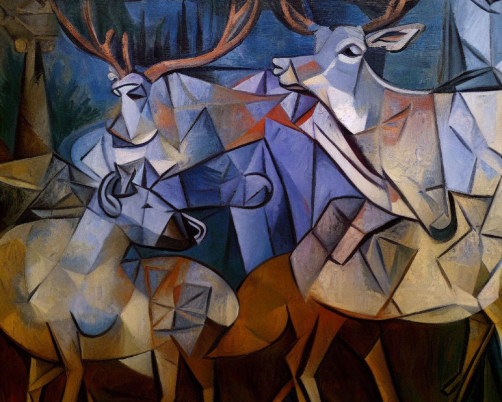 Cubist-style painting of stylized deer in earthy and blue tones