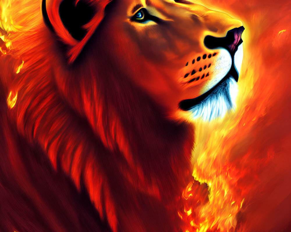 Vivid digital artwork of lion's profile on fiery background