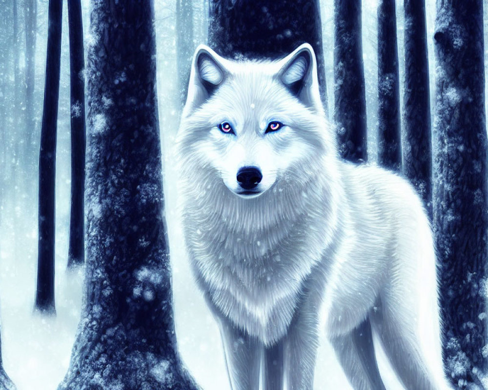 White wolf with blue eyes in snowy forest.