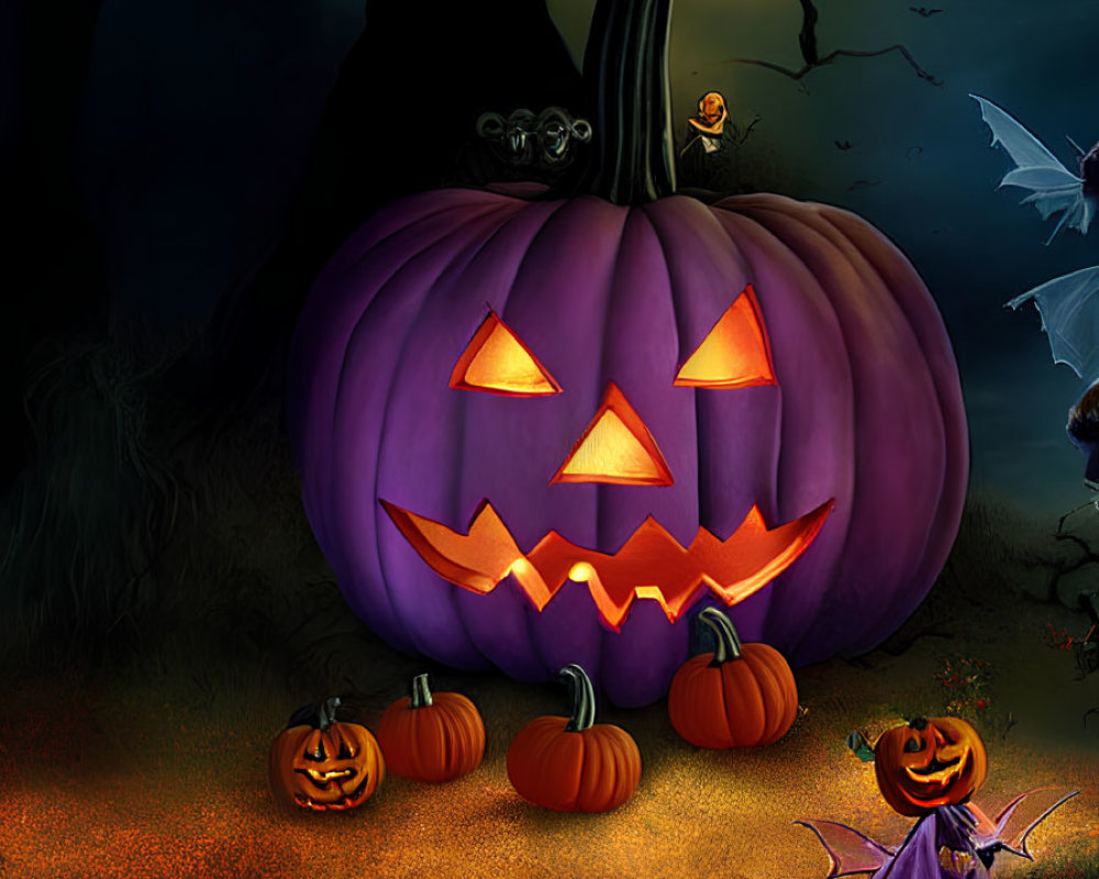 Glowing Jack-o'-lantern, bats, pumpkins, and spooky creature in a Halloween