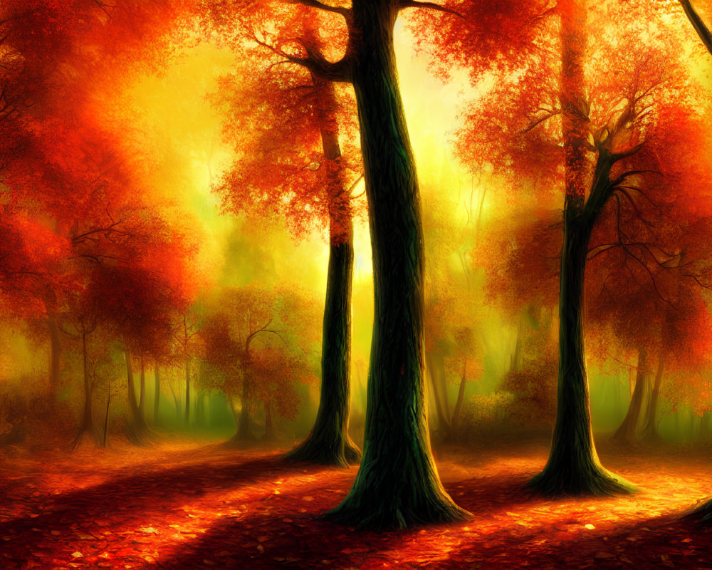Scenic Autumn Forest with Golden and Red Leaves