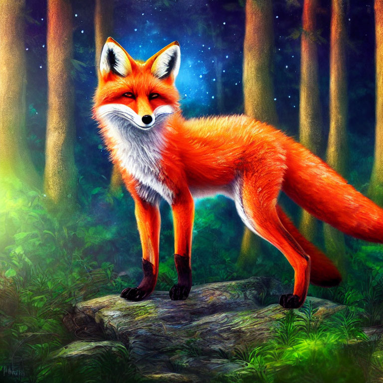 Red Fox Standing on Rock in Mystical Forest Under Starry Sky