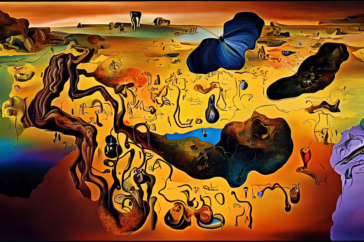Colorful surreal landscape with melty shapes and blue butterfly in dreamlike setting