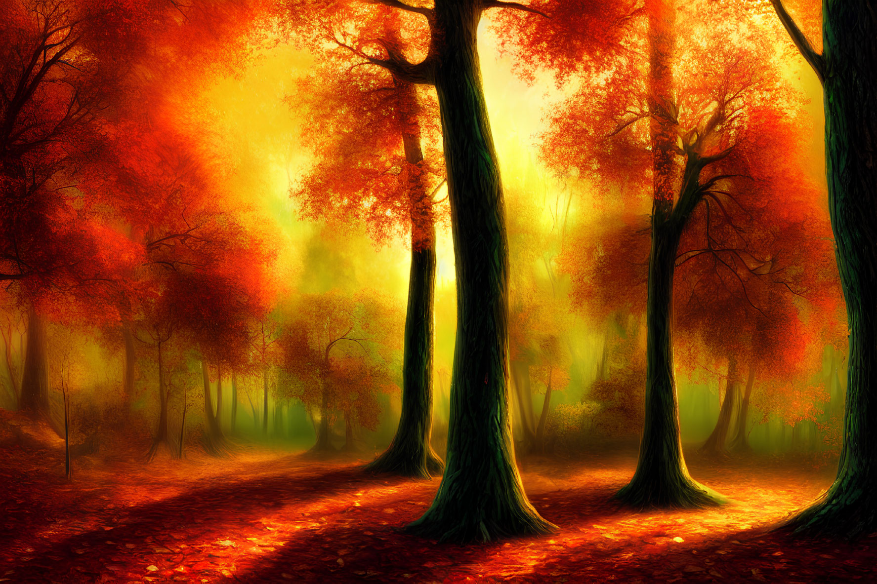 Scenic Autumn Forest with Golden and Red Leaves