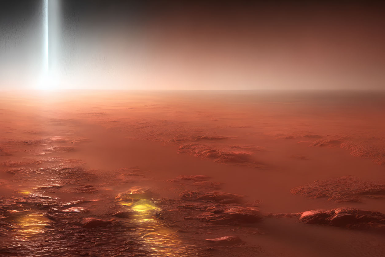 Rocky Martian Landscape Illuminated by Soft Light Beam