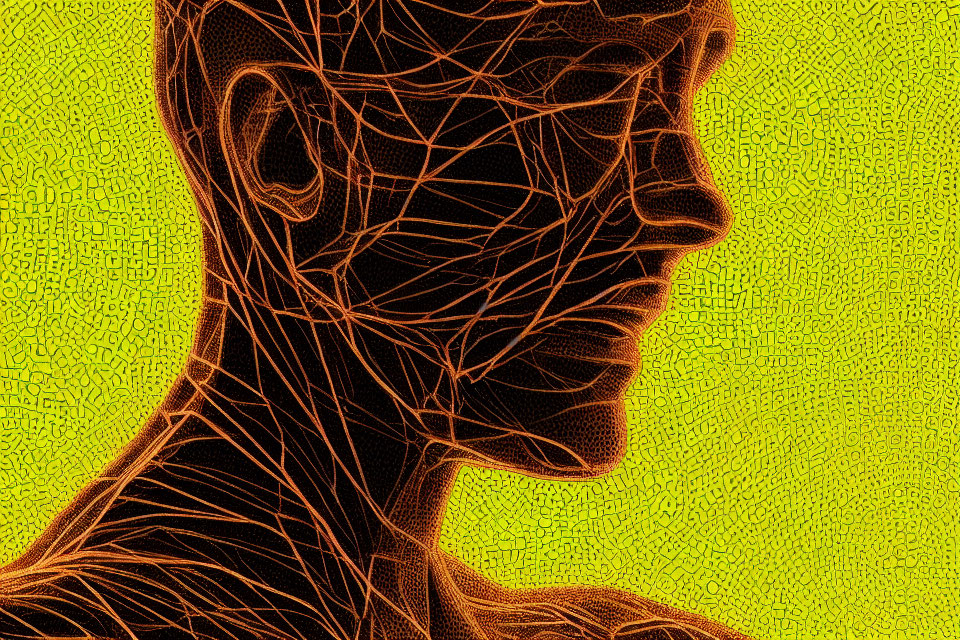 Abstract digital art: human profile with intricate line patterns on textured yellow background