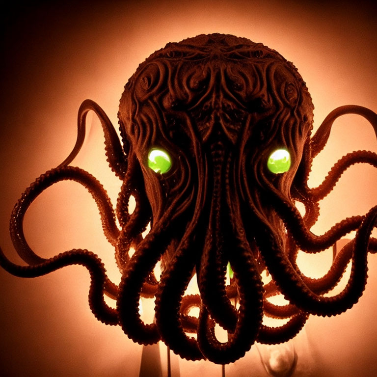 Octopus-Shaped Lamp with Green Glowing Eyes and Carved Tentacles