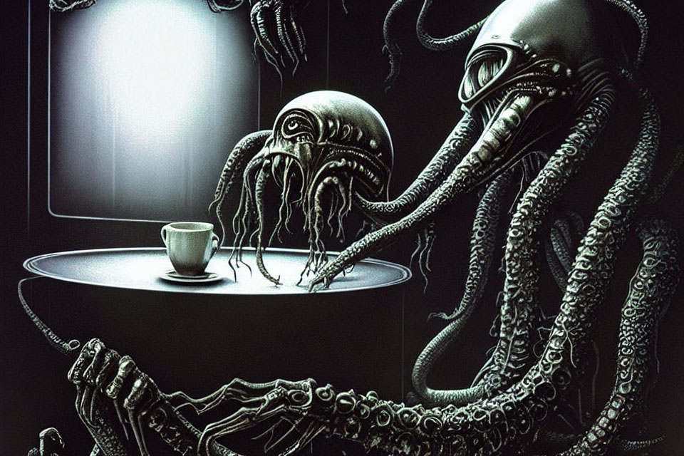 Alien creatures with tentacles at table in futuristic dark room