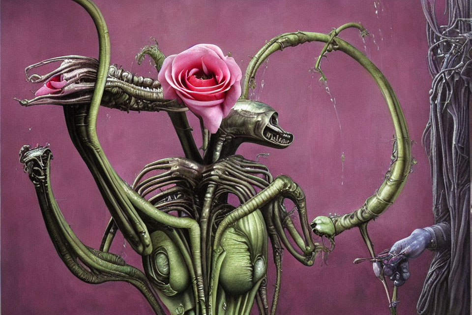 Skeletal figure with rose head and serpentine appendages on purple background