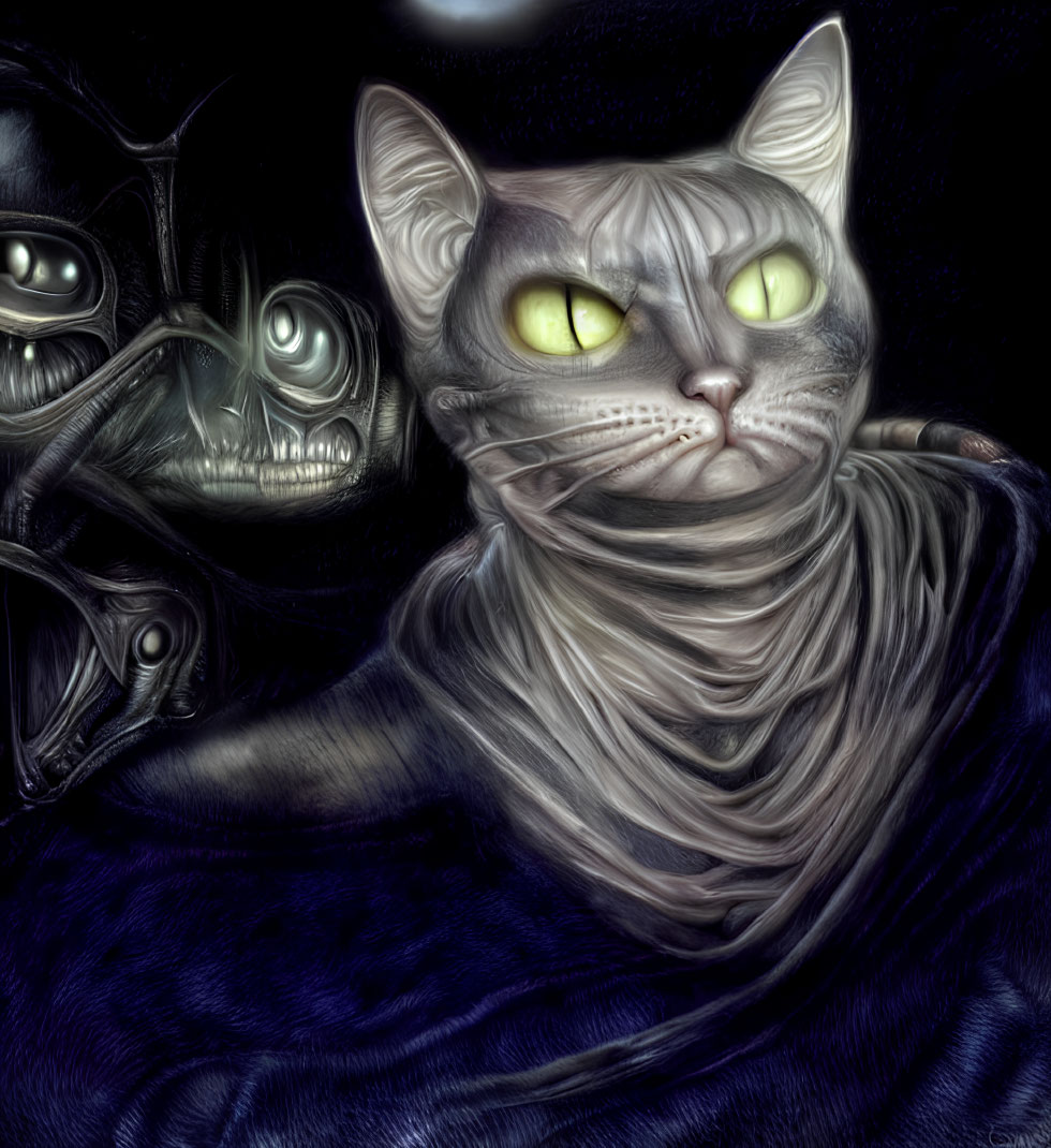 Gray Cat with Green Eyes Surrounded by Swirling Textures and Surreal Figures