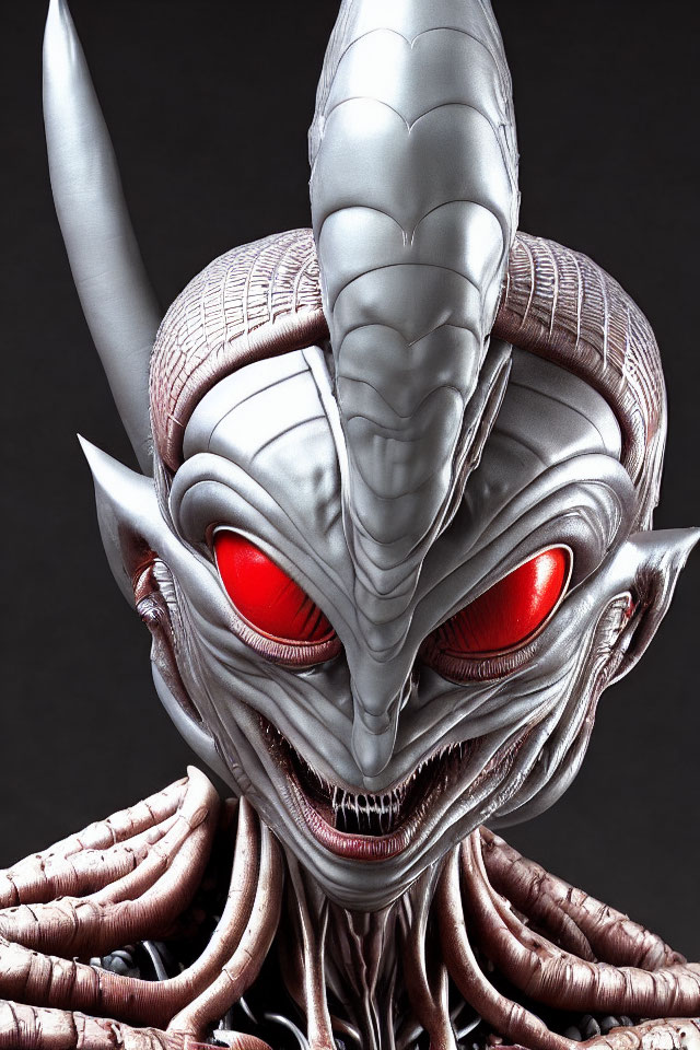 Detailed alien creature with silver exoskeleton and red eyes.