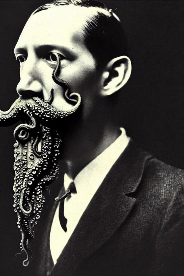 Monochromatic vintage image: Man in suit with octopus facial hair illusion
