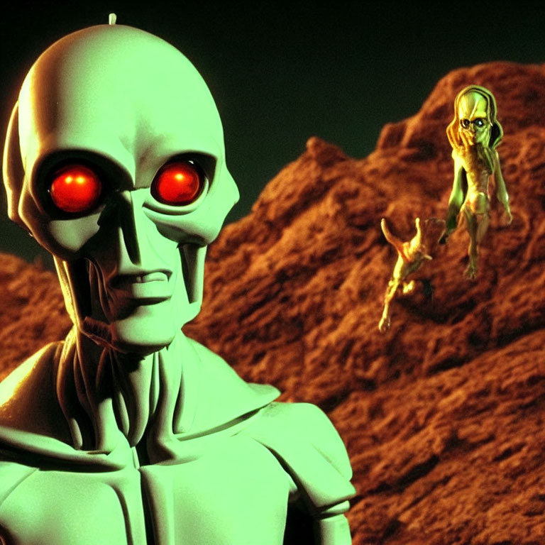 Red-eyed humanoid robot holding small alien on rocky terrain