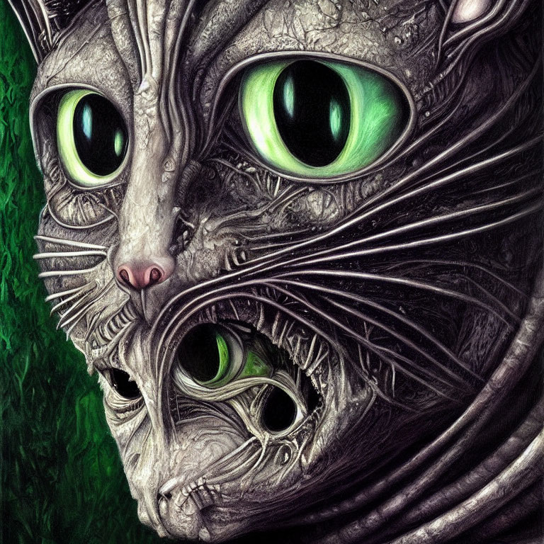 Detailed artistic rendering of two cats with vivid green eyes and hyper-detailed fur, one cat emerging from