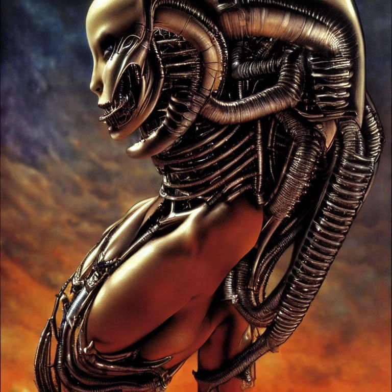 Biomechanical alien creature with elongated head in fiery setting