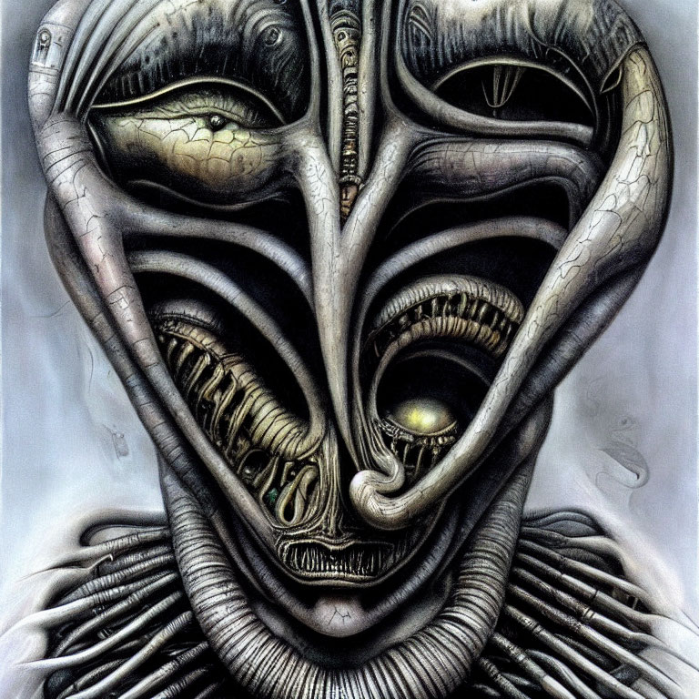 Surreal grayscale artwork of face with multiple eyes and serpentine features