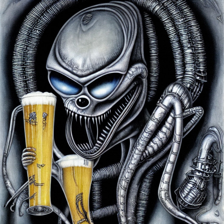 Extraterrestrial creature with beer glasses in industrial setting