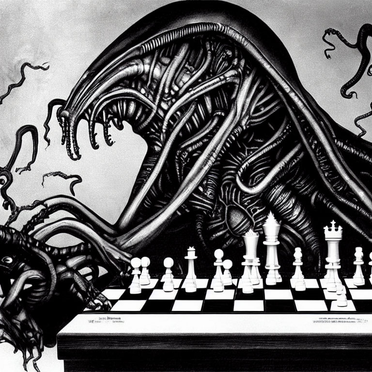 Monochrome illustration of tentacled creature and chessboard confrontation