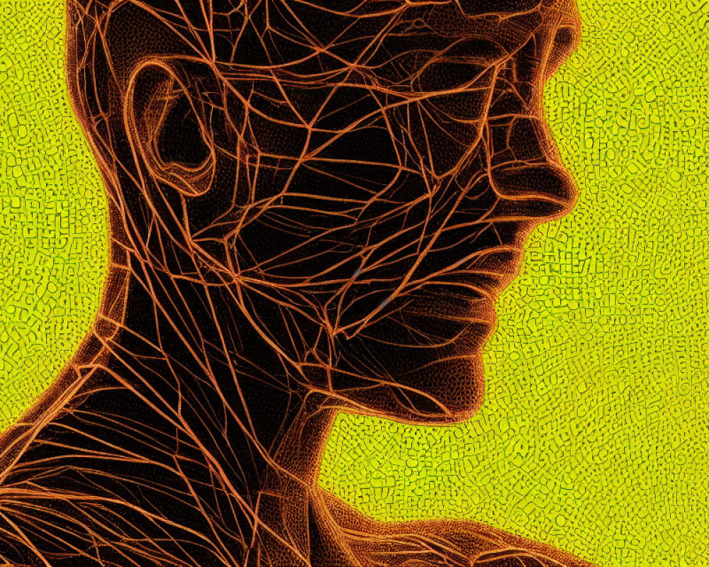 Abstract digital art: human profile with intricate line patterns on textured yellow background