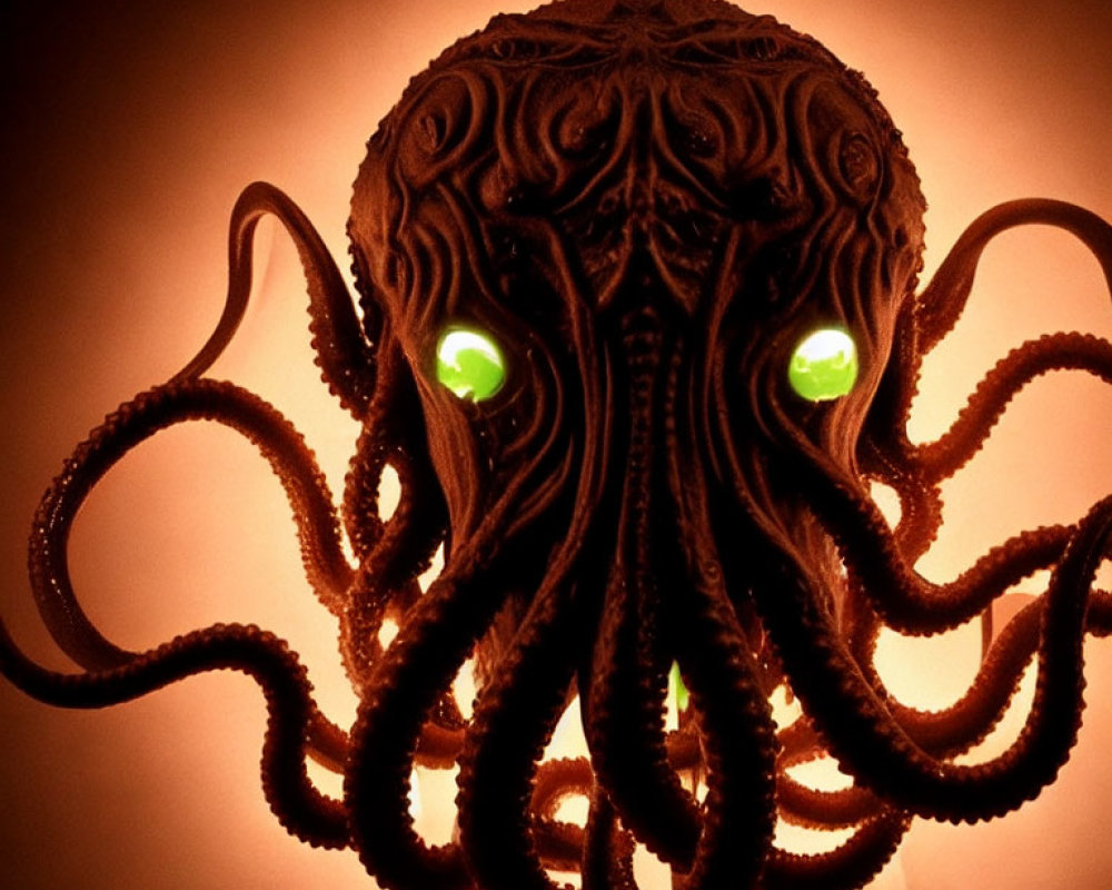 Octopus-Shaped Lamp with Green Glowing Eyes and Carved Tentacles