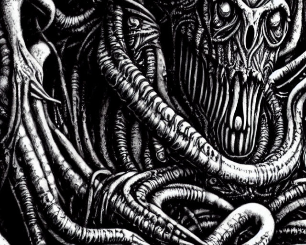 Monochrome illustration of alien creature with skull-like face and tentacles