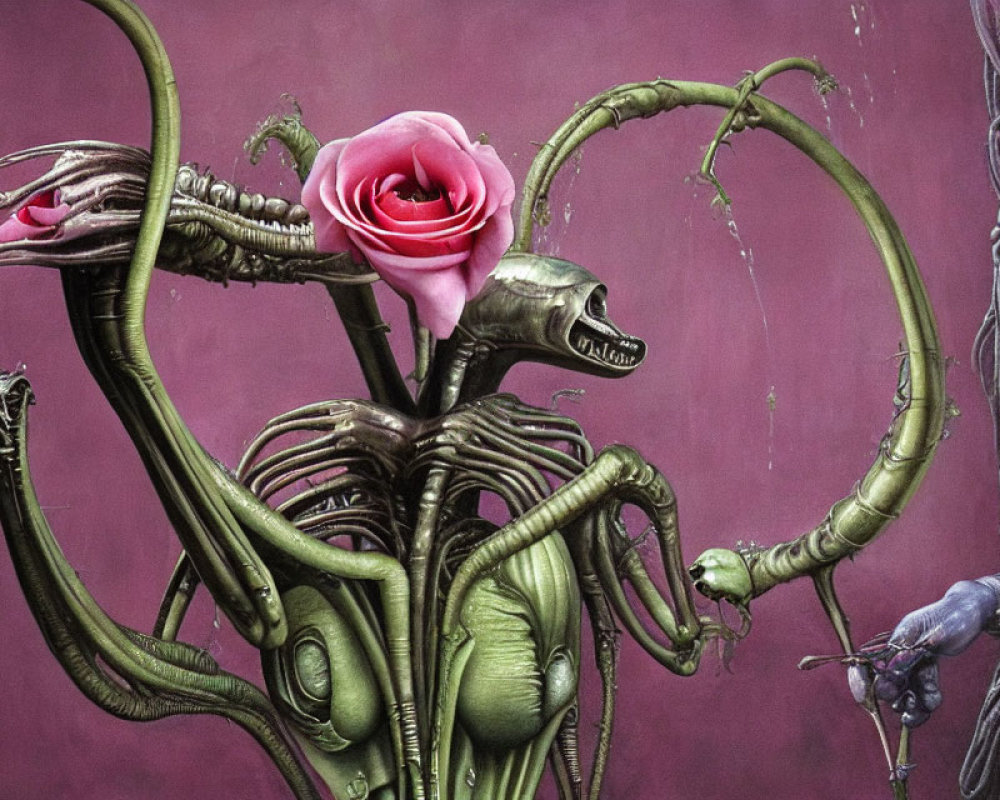 Skeletal figure with rose head and serpentine appendages on purple background
