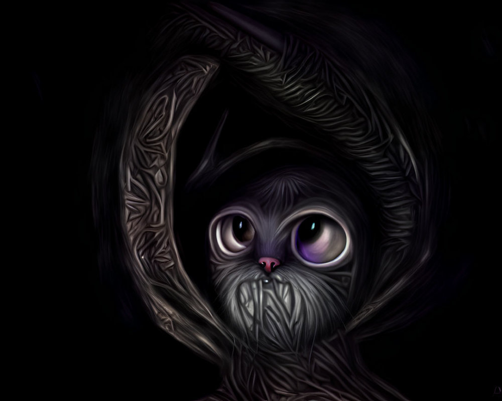 Stylized creature with expressive eyes in dark textured cloak