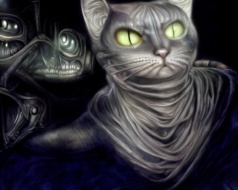 Gray Cat with Green Eyes Surrounded by Swirling Textures and Surreal Figures