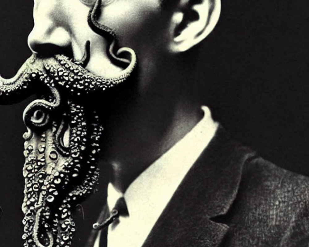 Monochromatic vintage image: Man in suit with octopus facial hair illusion