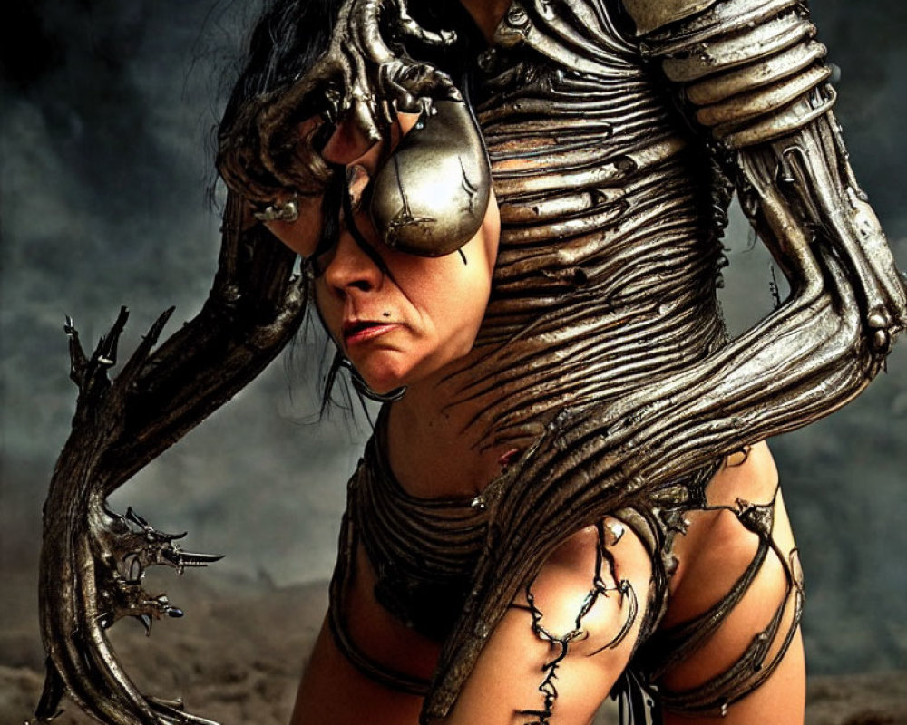 Extraterrestrial creature in elaborate costume with biomechanical limb on desolate backdrop