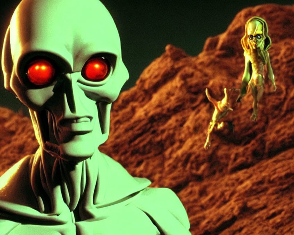 Red-eyed humanoid robot holding small alien on rocky terrain