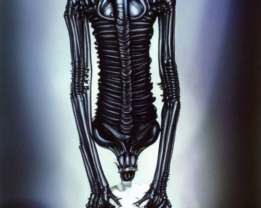 Glossy black biomechanical alien with elongated head on lit background