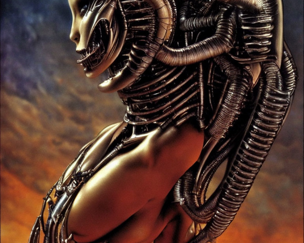 Biomechanical alien creature with elongated head in fiery setting