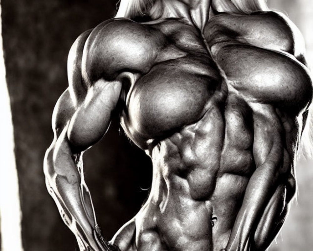 Monochrome photo of muscular person with defined body and intense gaze