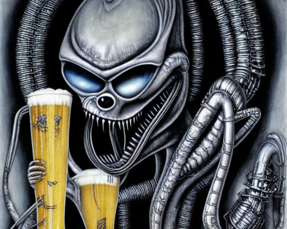 Extraterrestrial creature with beer glasses in industrial setting
