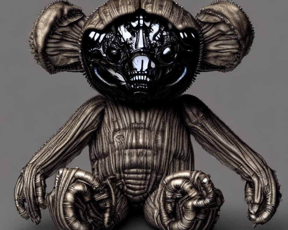 Metallic robotic monkey toy with exposed mechanical inner workings and large circular ears on grey background