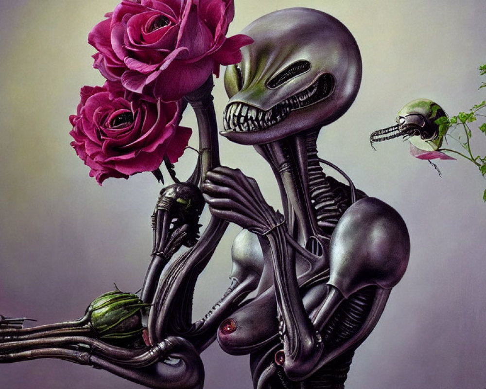 Surreal artwork featuring grey alien figures holding roses and sprouts