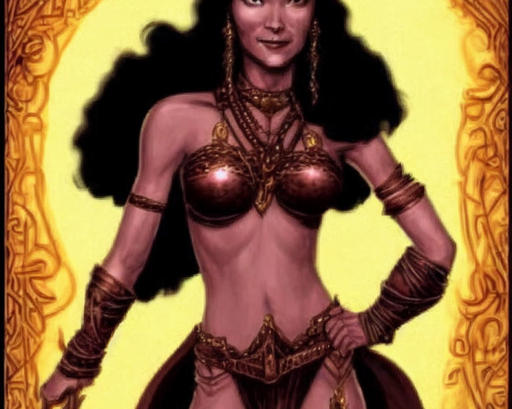 Digital illustration of woman in fantasy warrior attire with golden tiara, armor, and intricate background.