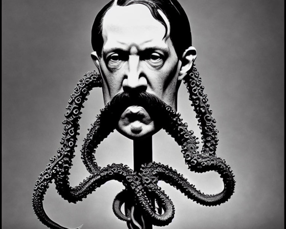 Surreal black and white portrait: man with octopus beard