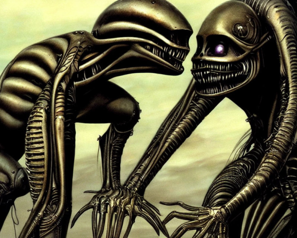 Biomechanical extraterrestrial creatures in close encounter on moody backdrop