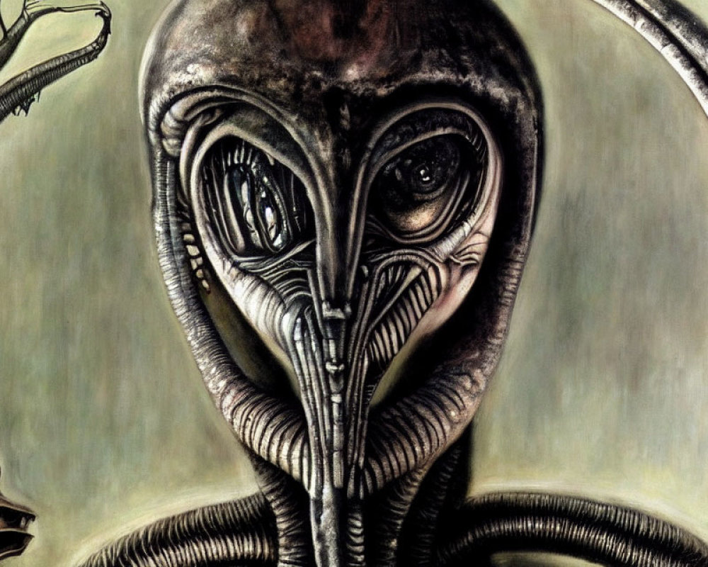 Alien creature with large black eyes and tube-like appendages on dark, surreal backdrop.
