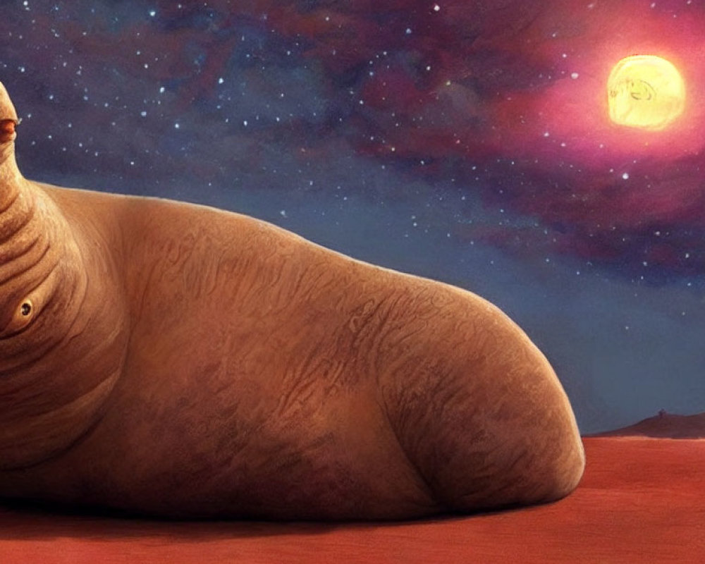 Cartoon walrus relaxing on sandy terrain under starry sky with whimsical sun