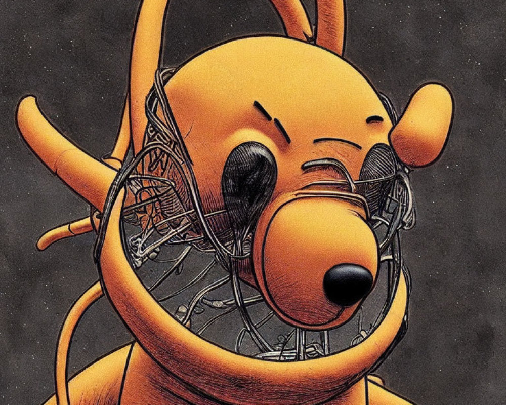 Cartoonish orange cyborg dog illustration on dark background